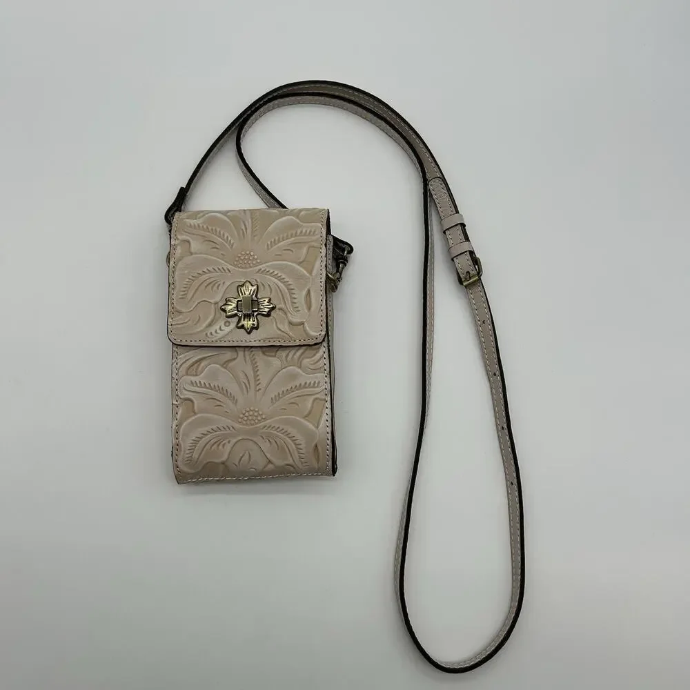 Patricia Nash Phone Crossbody Bag Case Brown Tooled leather Cream Nude Sand